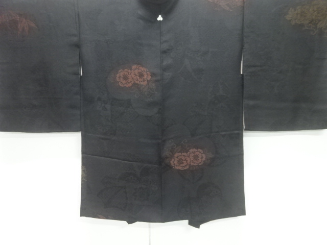 JAPANESE ANTIQUE HAORI / TAISHO ROMAN STYLE / SILK / URUSHI / WOVEN FLOWERS